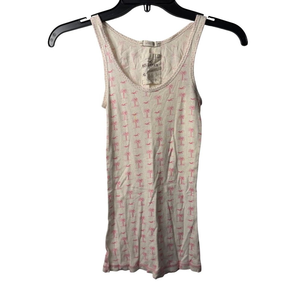 VTG Hollister Y2K Ladies XS Stretch Tank-Top Gray Pink Stretch Palm-Tree AOP